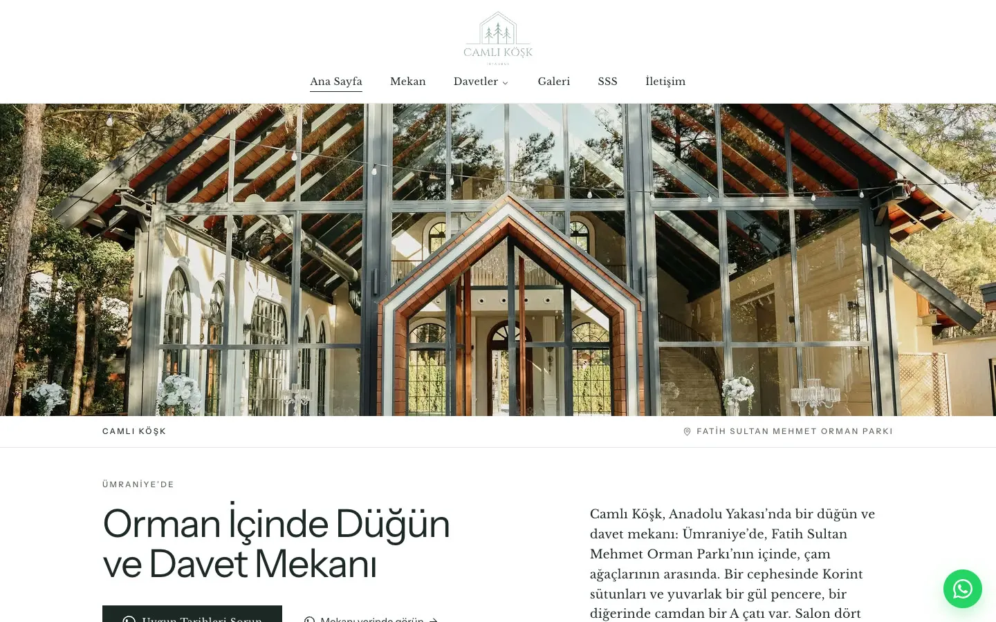 Camlı Köşk düğün ve davet mekânının ana sayfası