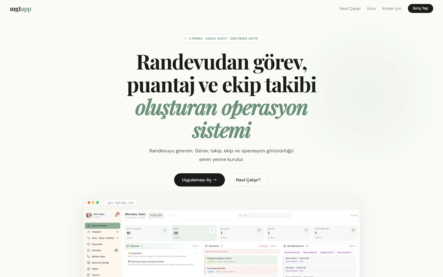 MGT App personel, görev ve puantaj takip uygulamasının tanıtım sayfası