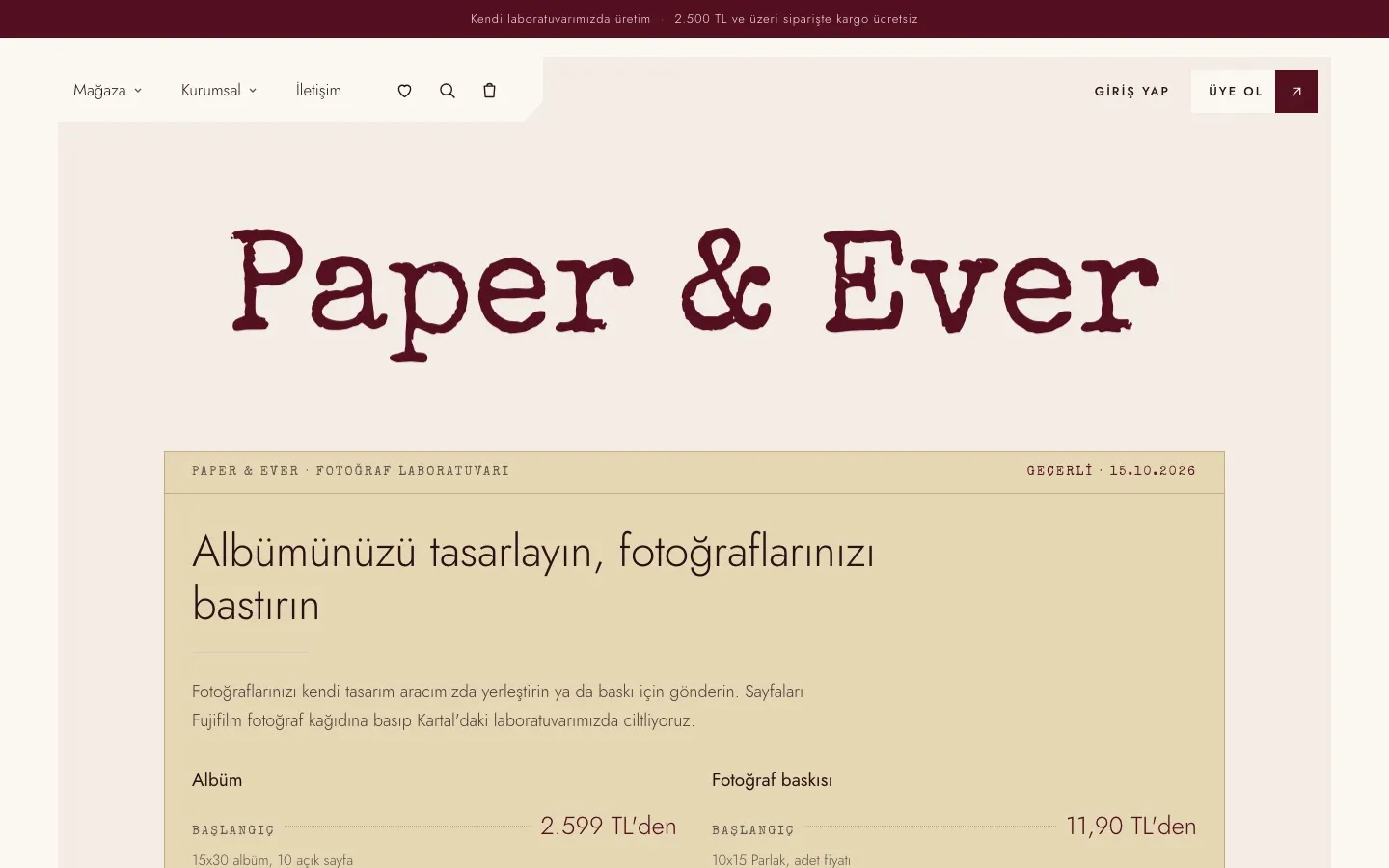 Paper & Ever fotoğraf baskı ve albüm atölyesinin ana sayfası