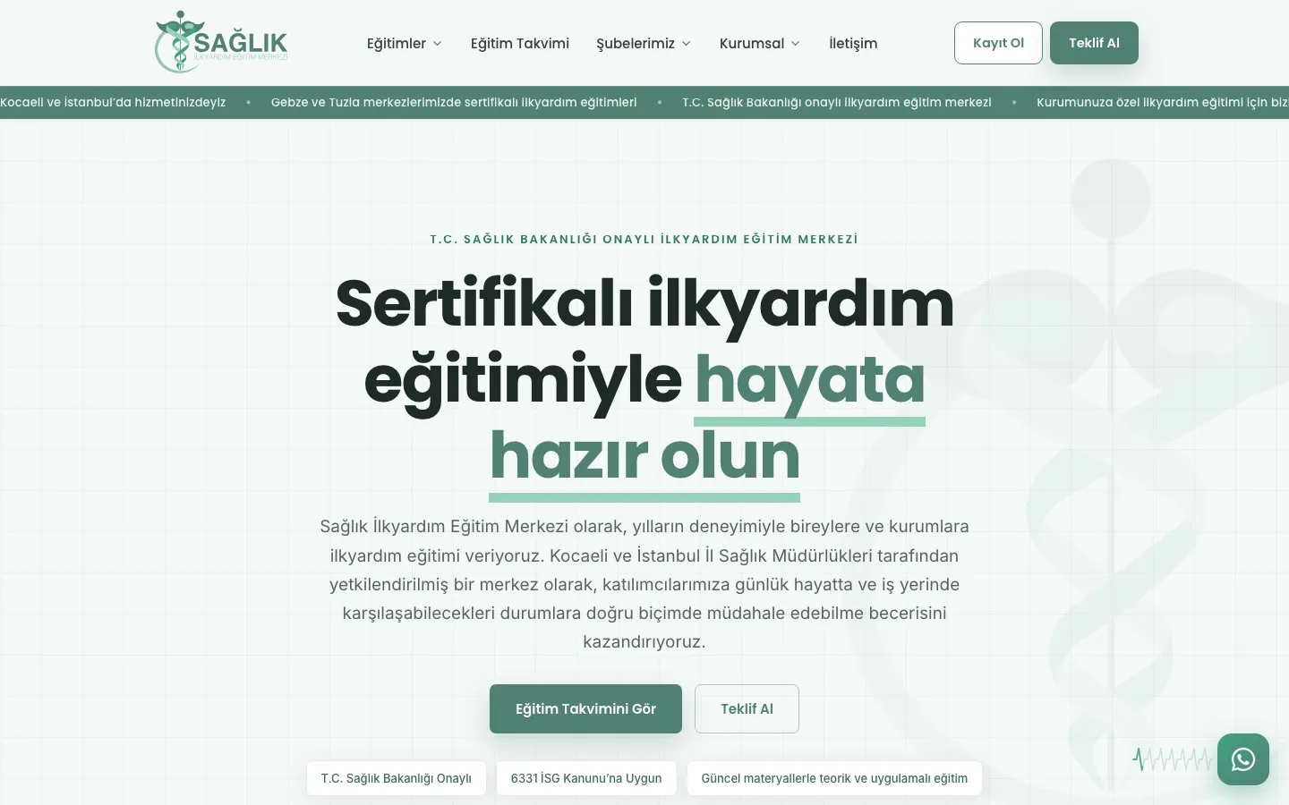 Sağlık İlk Yardım eğitim merkezinin ana sayfası